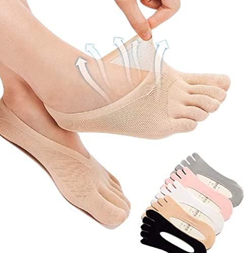 Wsedper 5 Pair Women Orthopedic Compression Toe Socks, Full Toe Yoga Sock with Gel Tab, Soft Breathable Five Finger Socks, Invisible Boat Socks, Sweat-absorbent, Deodorant, Anti-friction