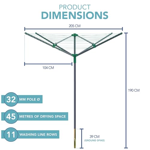 HEFTMAN Outdoor Rotary Washing Line - 45m Easy Assembly 4 Arm Rotary Washing Line Heavy Duty Weather-Proof, Powder Coated Finish Outdoor Clothes Dryer with Cover & Ground Spike (Green, 45m) - Image 2