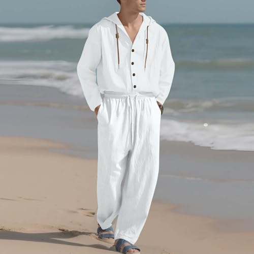 Cotton Linen Sets for Men Button Down Long Sleeve Hoodies and Elastic Waist Pants Set Casual Loose Vacation Outfit2