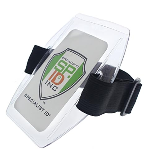 2 Pack - Armband Badge Holder with Black Adjustable Elastic Arm Band & Hook and Loop Fastener - Secure, Clear Plastic Display of Work I'd Card, Ski Pass, Lift Ticket & More by Specialist ID