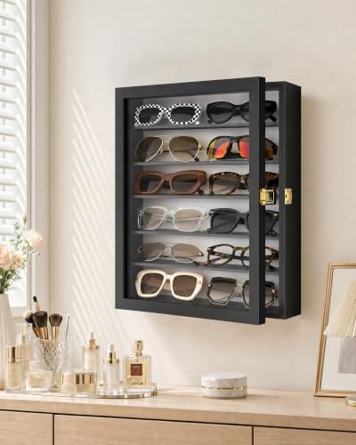Image of TJ.MOREE Sunglasses Organizer Storage Wall Mounted: 13 x 15.6 inches Eyewear Display Case 6 Tier Rustic Wood Eyeglasses Holder Large Glasses Storage Box,Black