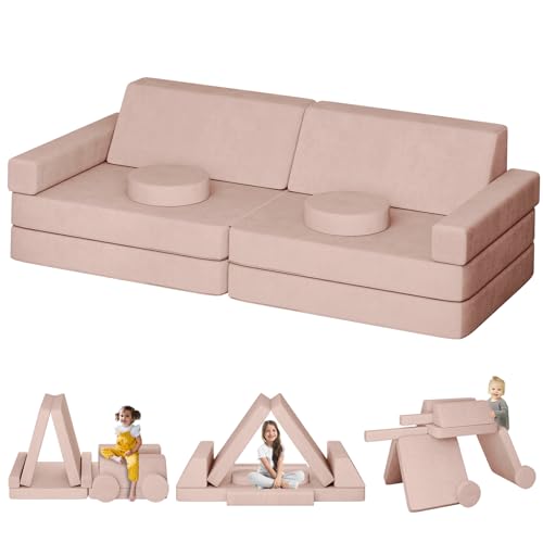 Image of Modular Kids Play Couch 10Pcs, 65.4" Kids Couch for Playroom Bedroom, Multifunctional Modular Toddler Couch, Over 10 Combinations Creative Sofa for Imaginative Kids (Pink)