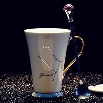 Generic 24: Wourmth 12 Constellations White and Gold Bone Porcelain Coffee Milk Mug with Stainless Steel Spoon Zodiac CER