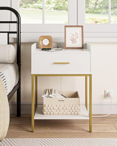 Masupu Nightstand with Charging Station 3-Tier Modern Bedside Night Stand with Storage Drawer and Shelf Small End Side Table for Bedroom Living Room White