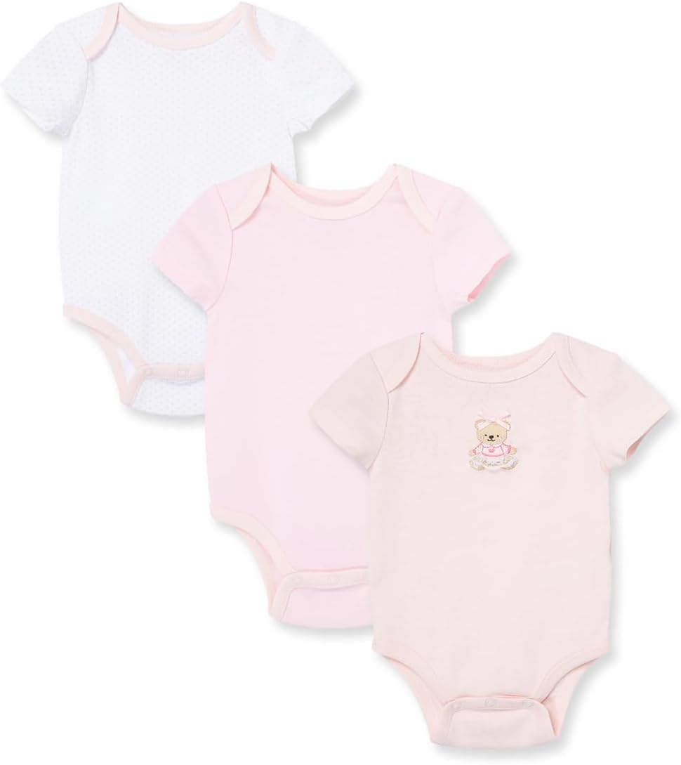 Little Me Clothes for Baby Girls’ 3-Pack 100% Cotton Bodysuits with Full Snap Closures, Baby Essentials, Newborn to 9 Months