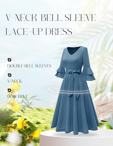 Image of DRESSTELLS Women's Cocktail Dress Summer Wedding Guest Party Vintage 3 /4 Bell Sleeve V Neck A-Line Dress