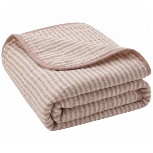 Image of Ultra Soft Muslin Baby Blanket - Made with Organic Cotton, Earthy Botanicals Jacquard Swaddle & Crib Quilt, 43x43 (Dusty Pink Stripes)
