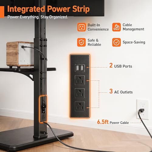 Image of Perlegear Floor TV Stand with Power Outlet, Universal TV Stand for 32-75 inch TVs up to 110 lbs, Height Adjustable Standing TV Mount, Tall TV Mount with Wood Base, Max VESA 600x400mm, PGFS06