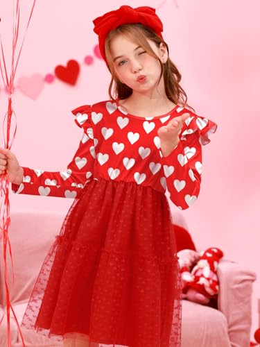 Valentine's Girls Heart Tulle Hem Ruffle Sleeve Midi Dress 2-10 Years4