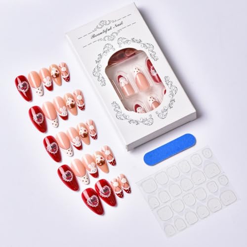 Image of Red Press on Nails Rabbit Fake Nails Cake False Nail with Design Cherry Glue on Nails Reusable Artificial Acrylic Glossy Full Cover French Tip Sick on Nail for Women Manicure 24Pcs