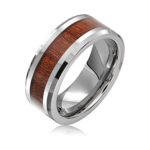 Bling Jewelry Anillos De Boda De Titanio Con Incrustaciones De Madera De Koa Tono Plata Confort 8Mm Cover