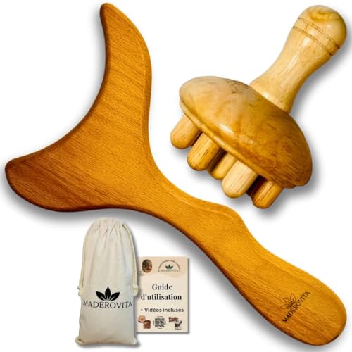 Kit Madérothérapie MADEROVITA – Massage Anti-Cellulite & Drainage Lymphatique – Bois Naturel – Raffermissant, Relaxant & Récupération Musculaire – Planche Gua Sha & Champignon – Guide + Vidéos