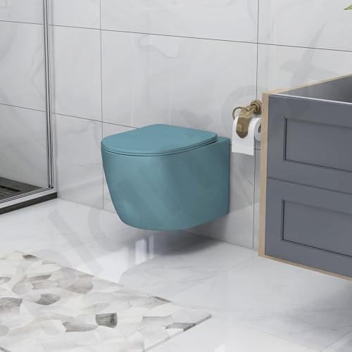 Image of Plantex Imported Ceramic Wall Hung Commode /Rimless Washdown Flush Western Toilet /Round Commode with Soft Closing Toilet Seat - P Trap (Harmony Blue)