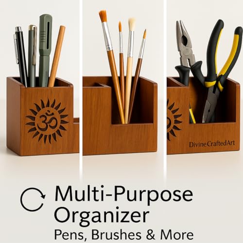 Image of Handcrafted Wooden Pen Holder & Mobile Stand | Desk Organizer for Office, Home & Study Table | Pen Pencil Stand with Card Holder (6.75x3.75x2.5 Inch) (OM Harmony)