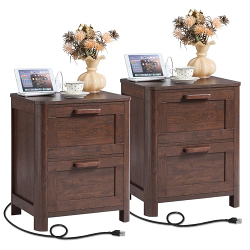Image of Joaxswe Farmhouse Nightstand Set of 2 with Charging Station, End Tables Bedroom with 2 Large Drawers & 4 Thickened Table Legs, Walnut
