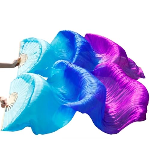 HPLWJO Belly Dance Real Silk Fans,Women 150 * 90cm 1 Pair (Left+Right) Silk Long Fans Veils, Belly Dance Dancing Silk Fans for Dance Performance (Blue Gradient Purple)