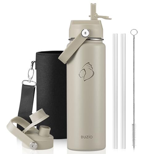 Image of BUZIO 24 oz Insulated Stainless Steel Water Bottle with Straw & Spout Lids