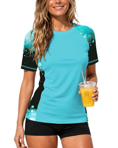 Image of AOBUTE Women Short Sleeve Rash Guard UPF 50+ Tropical Sun Protection Floral Swim Shirts