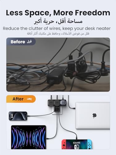 UGREEN شريط طاقة 6 في 1 GaN واقي من زيادة التيار مع PD 30W USB-C، كابل تمديد للحماية الحمل الزائد/الدائرة القصيرة/السخونة الزائدة و3 منافذ، مقابس المملكة المتحدة سلك بطول 2 متر للمنزل والمكتب والسفر