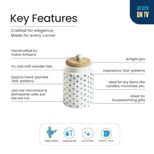 Image of ExclusiveLane 'StarMark' Airtight Ceramic Jars for Kitchen Storage (Set of 4, Each Jar Capacity : 670 ml, 18 Cm) |Ceramic Jar with Wooden Lid Salt Jars Multi-Utility Snacks Jars & Containers