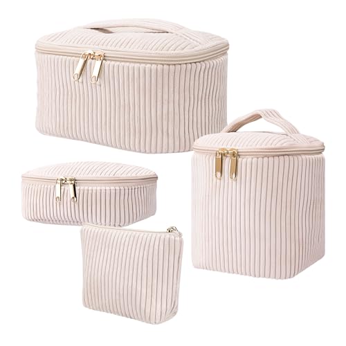 4pcs Beauty Case da Viaggio Donna, Borsa Cosmetica Grande in Cotone con Bianco Sporco, Trousse Trucchi e Pochette Trucchi da Borsa, Borsa Porta Trucchi da Toilette Makeup Bag Organizer per Donne