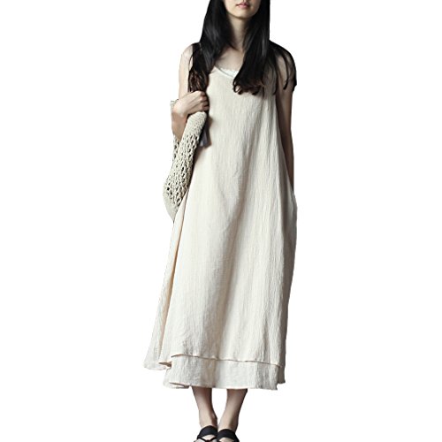 Artas Women's 100% Cotton Sleeveless Loose Casual Dress Long Dress Chinese L Beige
