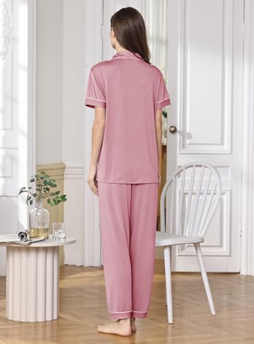 Image of WJing Yi Jia Womens Soft Pajamas Set XS-XXL Button Down Sleepwear Short Sleeves Pajama sets with Long Pants Pj Set Nightwear
