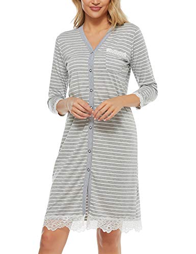 NORA TWIPS Damen Nachthemd Gestreiftes T-Shirt Kurzarm Baumwolle Schlaf Nachthemd Button Down Pyjama Kleid Spitzenbesatz Pyjama, Hellgrau, XX-Large Cover