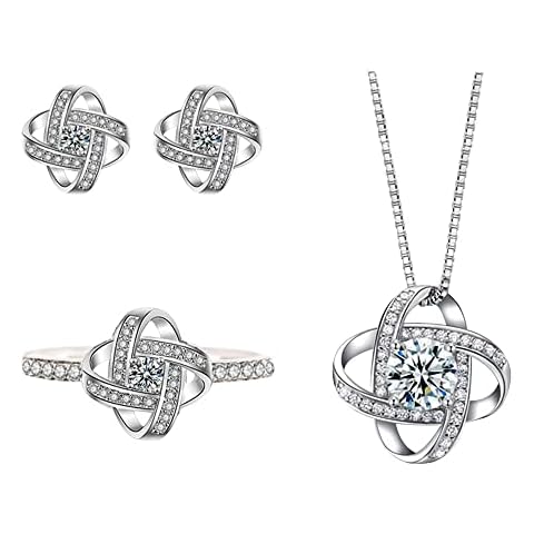 QKEPCY Diamond Jewellery Set for Women Wedding Bridal Jewellery Set With Necklace Earring And Rings For Bride Bridesmaid Jewellery Pendant Cubic Zirconia Jewelry Set Gifts for Women Cover