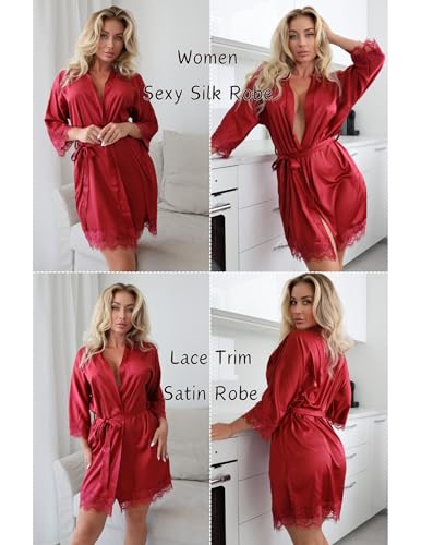 Image of Ekouaer Womens Silk Robes Short Lace Trim Satin Bride Bathrobe with Pockets