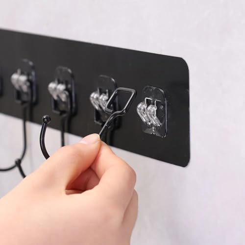 Image of 1 PCS Adhesive Sticker Wall Mounted Coat Hook Rack 6 in 1 Heavy Duty Sticky Hooks No Drilling Strong Load Bearing Organizer for Kitchen Bathroom Bedroom Doors Tiles (Black Color)