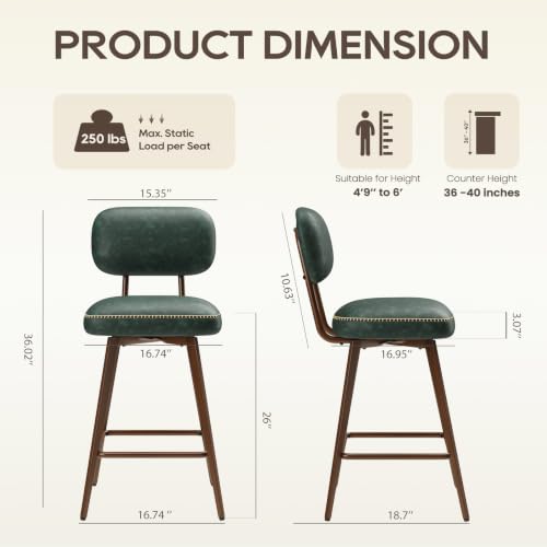 Image of MALOL 26 inch PU Leather Swivel Bar Stools Set of 3, Green
