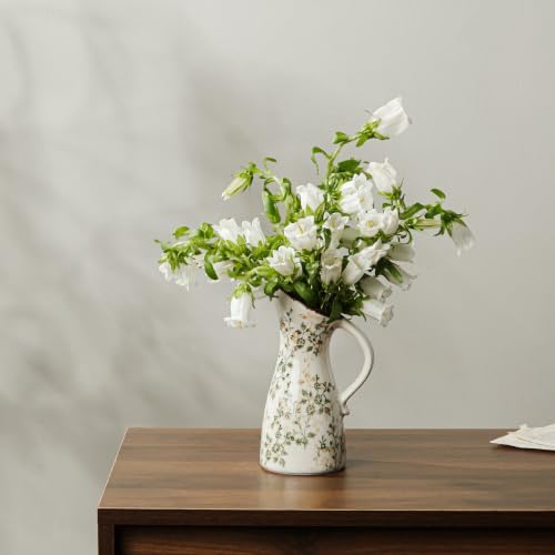 Image of Ceramic Flower Vase | Green Rustic Farmhouse Pitcher Vase for Home Decor, Vintage Floral Tuscan Decorative Vase for Living Room & Kitchen, Mantel & Bookshelf, Centerpieces, Entryway, Wedding(7.3 Inch)