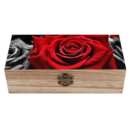 Caja de almacenamiento decorativa de madera con rosas negras, blancas y rojas, contenedores de almacenamiento de joyas con cerradura con bisagras, cofre de recuerdo vintage para organizar anillos