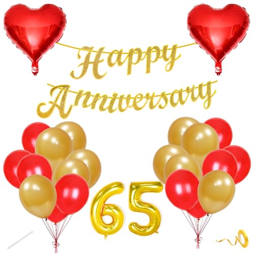 Image of Flyloons 65th Happy Anniversary Decoration Items Red Gold for Men Women Husband Wife Mom Dad Parent Couple Home Bedroom Car With 20 Pcs Metallic Balloons Anniversary Banner 2 Pcs Heart Set Kit