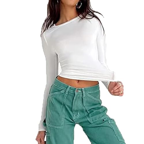 Women's Basic T-Shirt Long Sleeve Crop Top Slim Fit Tops Casual Crew Neck Tee Shirt Long Sleeve (UK, Alpha, M, Regular, Regular, White) - Image 4