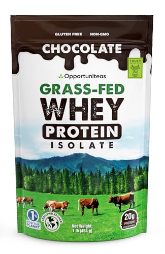 Opportuniteas Grass Fed Chocolate Whey Isolate Protein Powder – 20 g Protein, Heavy-Metal Tested, Made with Organic Cacao & Organic Cane Sugar, Non-GMO, Hormone-Free, Sourced from Ireland, 1 lb
