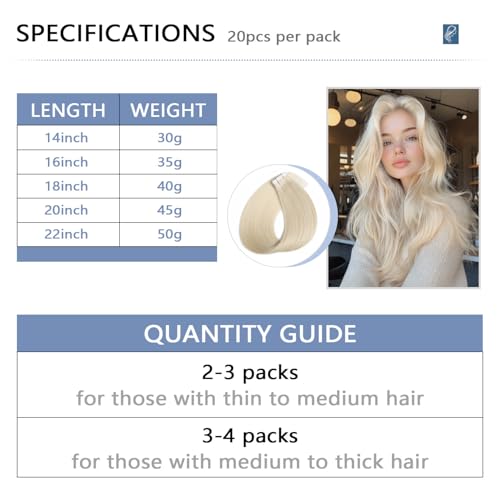 Image of COOKAYU Invisible Tape in Human Hair Extensions, Injected Tape in Hair Platinum Blonde 45g 20pcs 20Inch Seamless Extensions Straight Invisi Edge Tape ins