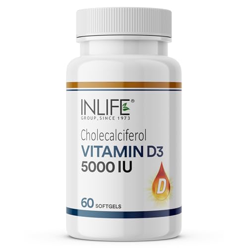 Image of INLIFE Vitamin D3 5000 IU Cholecalciferol with Coconut Oil Supplement for Better Absorption, For Men & Women, Immunity, Bone Health, Muscles - 60 Softgels