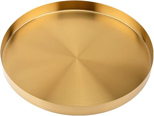 Miniatura 1 de Bandeja decorativa redonda de metal dorado de 14 pulgadas, bandeja dorada con acabado espejo con pared de 1 pulgada, bandeja de mesa circular de