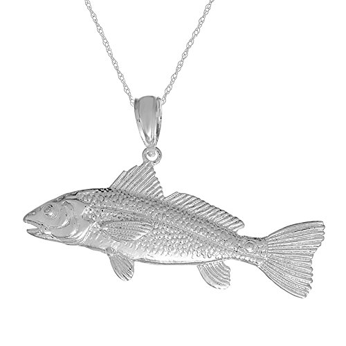 925 Sterling Silver Nautical Necklace Charm Pendant with Chain, 3-D Red Fish