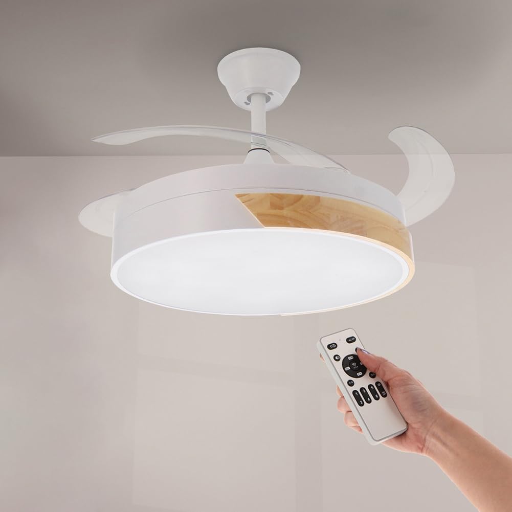 Ceiling fan with LED light Messe 72W White with natural beech wood and remote control, DC motor, 6 speeds, 4 retractable blades, summer-winter function, timer. With APP