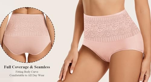 Image of Women's Lace Trim High Waisted Cotton Underwear Full Coverage Ladies Panties Tummy Control Briefs 4 Pack