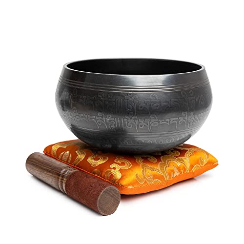 Tibetan Singing Bowl Set - Easy To Play Authentic Handcrafted For Meditation Sound Chakra Yoga Healing 4 Inches By Himalayan Bazaar (Black & Orange) #TOP6