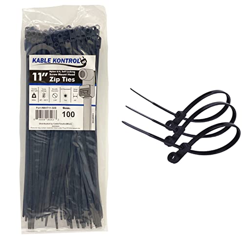 Kable Kontrol Zip Ties With Screw Hole, 11 Inch 100 Pcs Black, 50 Lbs. Tensile Strength, Self-Locking, Multipurpose Mounting Head Cable Ties For Indoor & Outdoor Use #TOP23