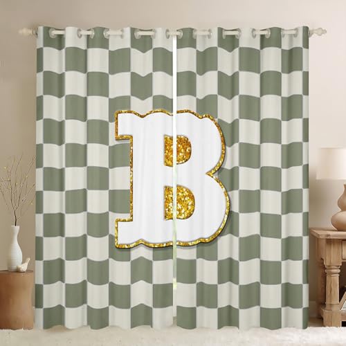 Image of Erosebridal Sage Green Checkered Window Curtains 42 inch Wx90 L Plaid Initial B Blackout Curtains for Bedroom Living Room,Personalized Monogram Window Treatments Grids Gingham Drapes Decor 2 Panels