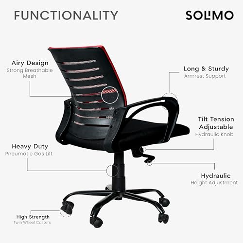 Image of Amazon Brand - Solimo Worklo Mid Back Office Chair for Work from Home | Study | Revolving | Computer (Heavy Duty Powder Coated Metal Base, Stylish Red Mesh)