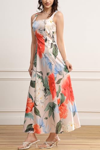 Image of Velius Women's Square Neck Sleeveless Floral Flowy Long Dress A Line Maxi Dress
