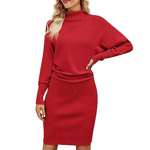 Damen Rollkragen-Strickpullover Herbst Winter Langarm Rippstrick Midi Bodycon-Kleider Geschäfts-Casual Einfarb-Pullover (Red, L)