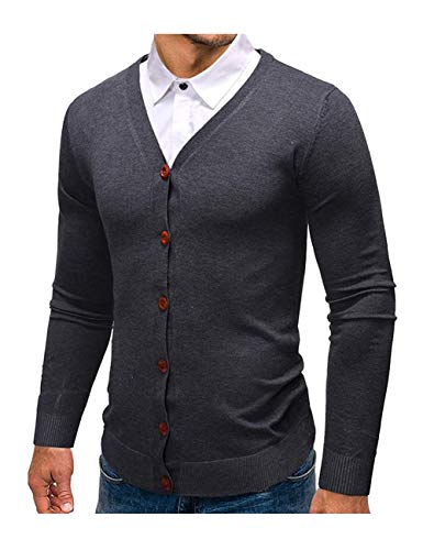 APRAW Mens Casual Slim Fit Soft Cotton V-Neck Button Down Lightweight Knitted Cardigan Sweater with Ribbing Edge Grey